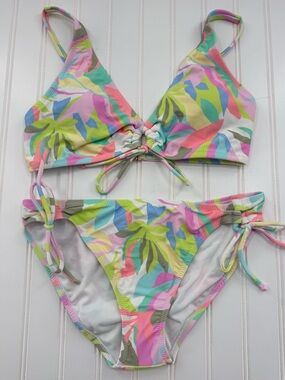 NWOT Raisins Pastel Tropical Front Tie Top & Side Tie Bottoms Bikini Set Size M